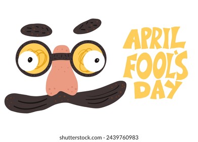 April fools day card template. Holiday banner. Happy mask symbol vector hand drawn with handwritten text lettering flat illustration isolated on white background.
