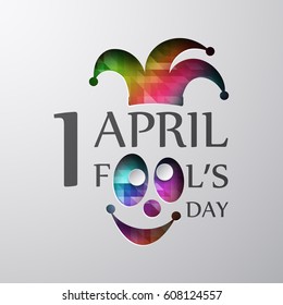 April fool's day. Cardboard card with an inscription and colorful elements on a white background. Vector illustration.