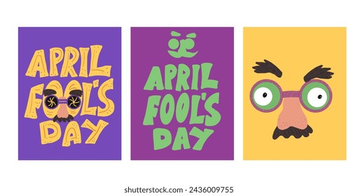 April fools day cards set. Holiday banners collection. Happy face vector hand drawn with handwritten text lettering flat illustration.