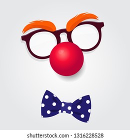 April Fools Day and Carnival. Funny Clown accessories. Clown glasses, red nose and bow tie. Vector illustration