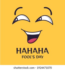 April fools day. Cartoon crazy laughing eyes and mouth, funny spring holiday vector poster, banner template with happy face. Illustration humor day entertainment, smile idiot fool, crazy comedian