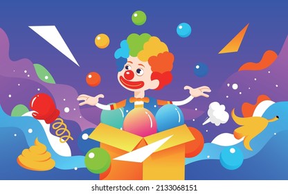 April fools day, clown in box, trick props, vector illustration