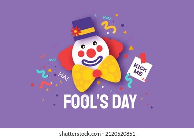 April Fools Day with Clown Character in paper cut style. April 1 party. Present joke box. Fools' Day Poster. Funny spring holiday.