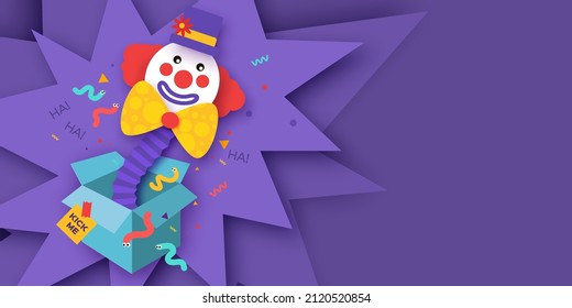 April Fools Day with Clown Character in paper cut style. April 1 party. Present joke box. Fools' Day Poster. Funny spring holiday.