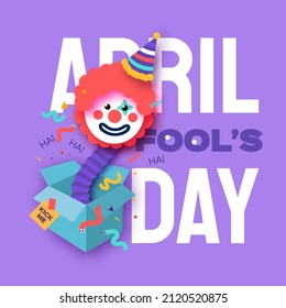 April Fools Day with Clown Character in paper cut style. April 1 party. Present joke box. Fools' Day Poster. Funny spring holiday.