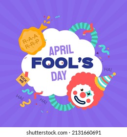 April Fools Day with Clown Character in flat cartoon style. April 1. Present box. Fools' Day Poster. Funny spring holiday.