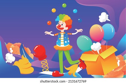 April Fool's Day clown performing show surrounded by balloon boxes and various trick props, April Fool's Day, vector illustration