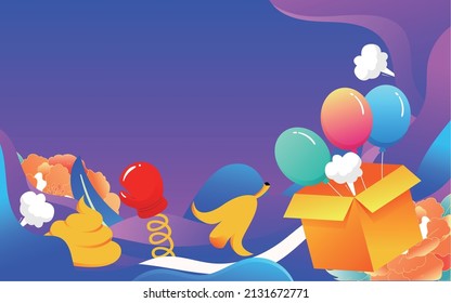 April Fool's Day clown performing show surrounded by balloon boxes and various trick props, April Fool's Day, vector illustration