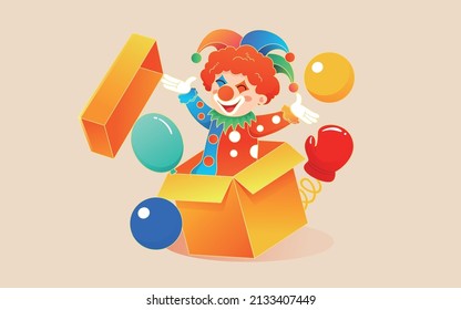 April fool's day, clown performing on stage, trick props, vector illustration