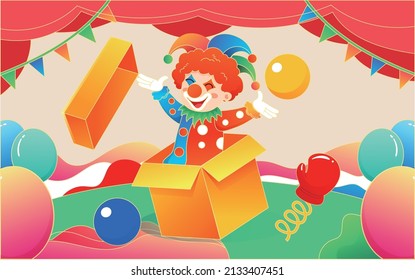 April fool's day, clown performing on stage, trick props, vector illustration