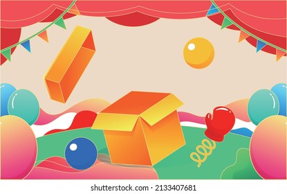 April fool's day, clown performing on stage, trick props, vector illustration