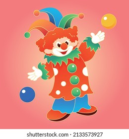 April fool's day, clown performing on stage, trick props, vector illustration