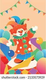 April fool's day, clown performing on stage, trick props, vector illustration