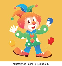 April fool's day, clown performing on stage, trick props, vector illustration