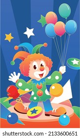 April fool's day, clown performing on stage, trick props, vector illustration