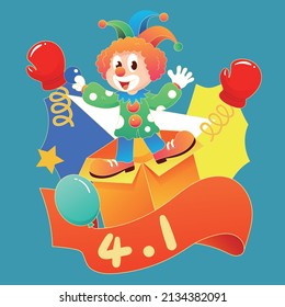 April fools day clown, stage show, trick props, vector illustration