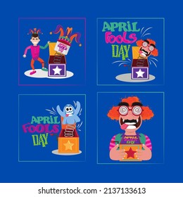 april fools day clown and surprise box vector image on blue background