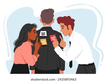 April Fools Day, Colleagues Characters Stealthily Covered A Man Back With Sticky Notes, Turning Him Into A Walking Message Board, Unbeknownst To Him. Cartoon People Vector Illustration