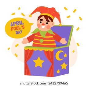 April fools day concept. International holiday and festival 1 April. Jokes and humorous. Doll in box with confetti. Poster or banner for website. Cartoon flat vector illustration