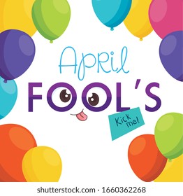 april fools day with crazy eyes and balloons helium vector illustration design