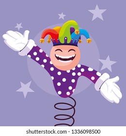 april fools day with crazy face and joker hat in spring