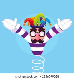 april fools day with crazy face and joker hat in spring