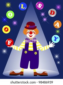 April fools' day. Cute a clown juggling balls on a dark background with glowing lights. Vector illustration.