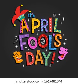 April Fool's Day design with hand drawn decorative lettering, laughing cartoon faces and jester hat. For greeting cards, banners, flyers, etc.