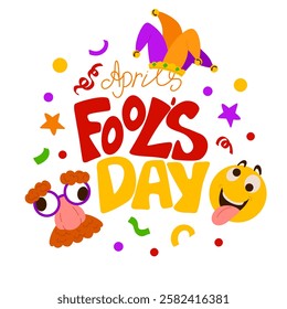 April Fool's Day doodle poster template. Vector Illustration with hand writing lettering, laughting emoji, jester's hat. Party invitation. Flyer, poster, brochure, card