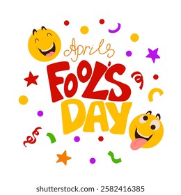 April Fool's Day doodle poster template. Vector Illustration with hand writing lettering, laughting emoji. Party invitation. Flyer, poster, brochure, card