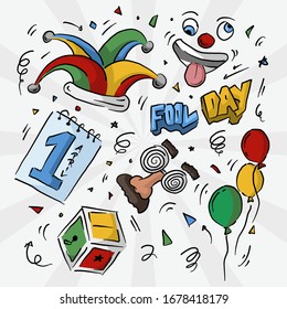 April Fools Day flat design icon set. doddle vector illustration