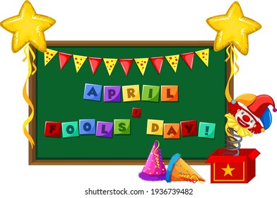 April Fool's Day font logo on chalkboard with Jester illustration