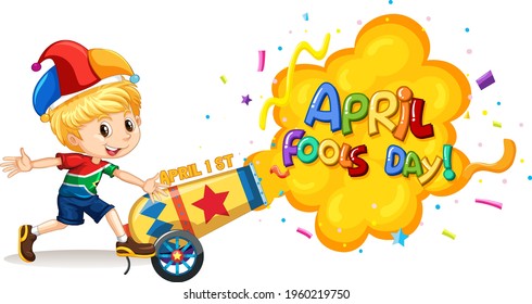 April Fool's Day font logo with a boy wearing jester hat and confetti explosion illustration