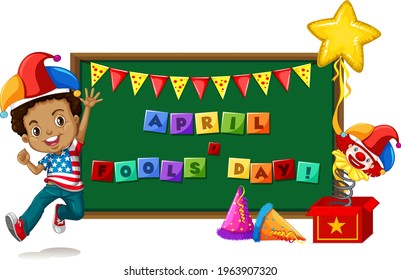 April Fool's Day font logo on chalkboard with a boy wearing jester hat illustration