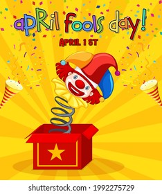 April Fool's Day font logo with Jester from surprise box on yellow background illustration