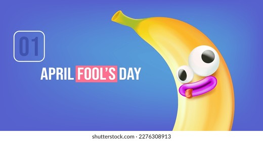 April fools day funky horizontal banner with silly banana character isolated on blue background. 1 st april fool day banner, poster, label, flyer and greeting card