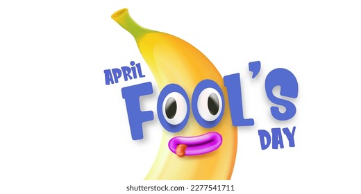 April Fools day funky horizontal banner with silly banana character isolated on white background. 1 st april fool day banner, poster, label, flyer and greeting card. Fool day print