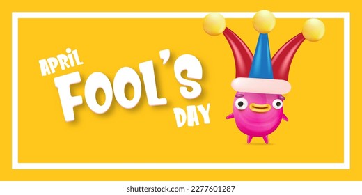 April Fools day funky horizontal banner with silly pink clown monster character isolated on orange background. 1 st april fool day banner, poster, label, flyer and greeting card. Fool day print