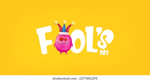 April Fools day funky horizontal banner with silly pink clown monster character isolated on orange background. 1 st april fool day banner, poster, label, flyer and greeting card. Fool day print