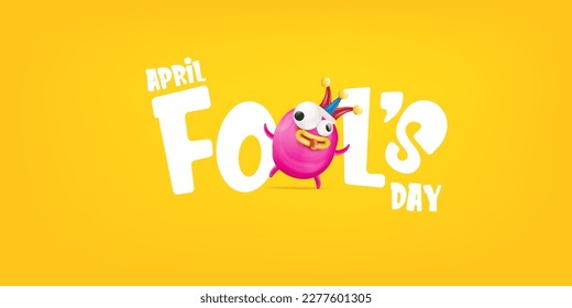 April Fools day funky horizontal banner with silly pink clown monster character isolated on orange background. 1 st april fool day banner, poster, label, flyer and greeting card. Fool day print