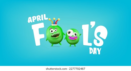 April Fools day funky horizontal banner with silly green clown monster character isolated on blue background. 1 st april fool day banner, poster, label, flyer and greeting card. Fool day print