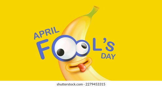 April Fools day funky horizontal banner with silly orange banana character isolated on yellow background. 1 st april fool day banner, poster, label, flyer and greeting card