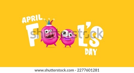 April Fools day funky horizontal banner with silly pink clown monster character isolated on orange background. 1 st april fool day banner, poster, label, flyer and greeting card. Fool day print