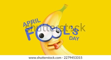 April Fools day funky horizontal banner with silly orange banana character isolated on yellow background. 1 st april fool day banner, poster, label, flyer and greeting card