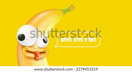 April Fools day funky horizontal banner with silly orange banana character isolated on yellow background. 1 st april fool day banner, poster, label, flyer and greeting card Photo stock © 