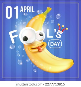 April Fools day funky square banner with silly banana character isolated on blue background. 1 st april fool day banner, poster, label, flyer and greeting card