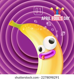 April Fools day funky square banner with silly banana character isolated on violet cartoon comic background. 1 st april fool day banner, poster, label, flyer and greeting card