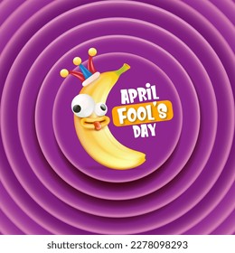 April Fools day funky square banner with silly banana character isolated on violet cartoon comic background. 1 st april fool day banner, poster, label, flyer and greeting card