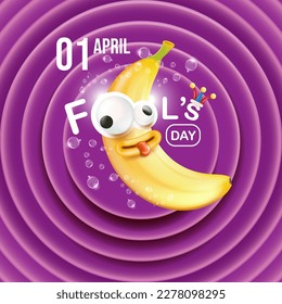 April Fools day funky square banner with silly banana character isolated on violet cartoon comic background. 1 st april fool day banner, poster, label, flyer and greeting card