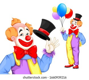 April Fool's day. Funny clown with hat and with balloons, set of two poses. Usable for Circus day. Cheerful cartoon character. Stock vector illustration on white background